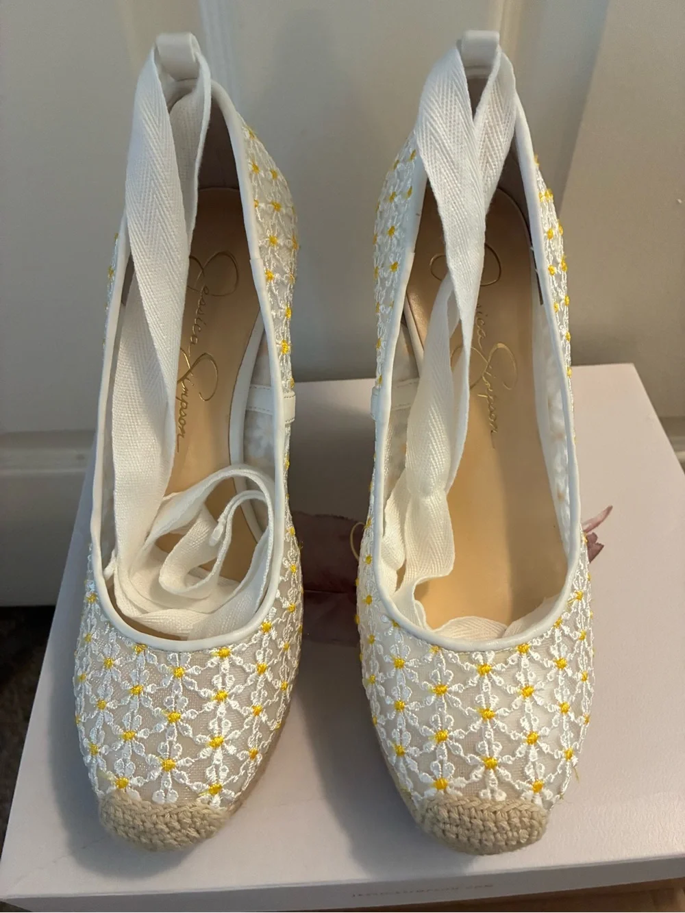 Jessica Simpson White Espadrille Wedges with Yellow Floral Embroidery